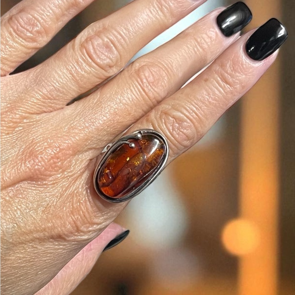 Art Nouveau Baltic Amber Statement Ring | Sterling Silver